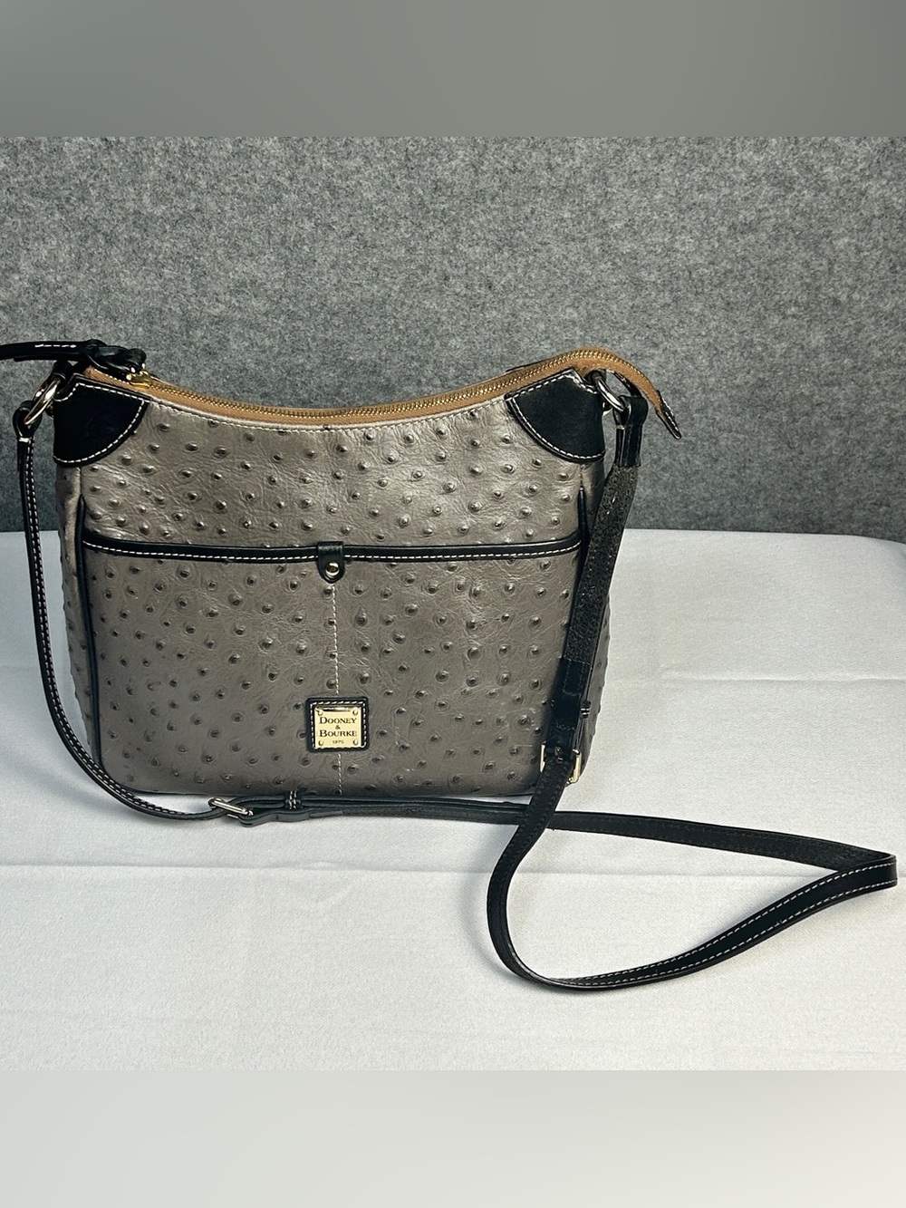 Dooney & Bourke Taupe Gray Leather Ostrich-Embossed Crossbody Bag Black Trim